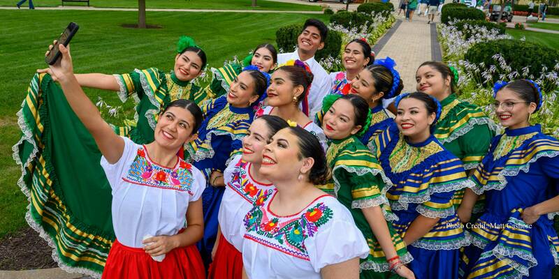 September 15, 2023; Members of Ballet Folklorico Azul y Oro take a selfie after performing at an Institute for Latino Studies (ILS) event in celebration of National Hispanic Heritage Month. (Photo by Matt Cashore/University of Notre Dame)
